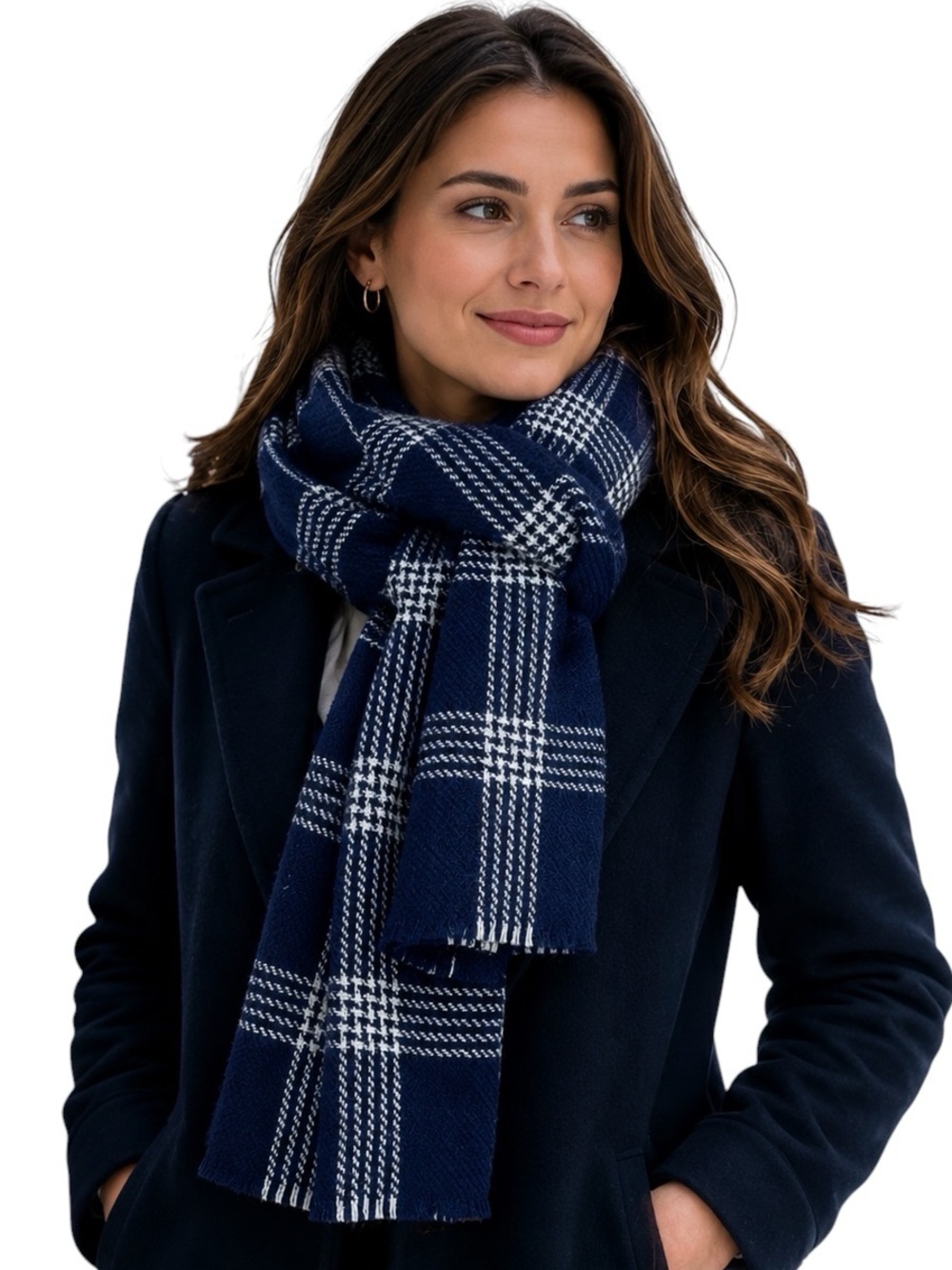Vince Unisex Plaid Merino Wool Cashmere Scarf Navy Gray Fringe OS NWOT